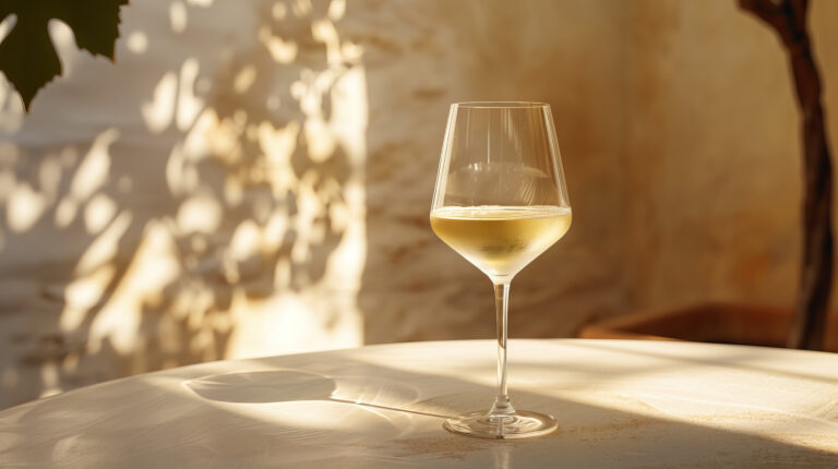Glass of organic white wine in modern off-white minimalist trendy stylish cafe bar setting with stucco concrete wall, product photography, outdoors, sunny, bright, shadow play, close-up macro shot